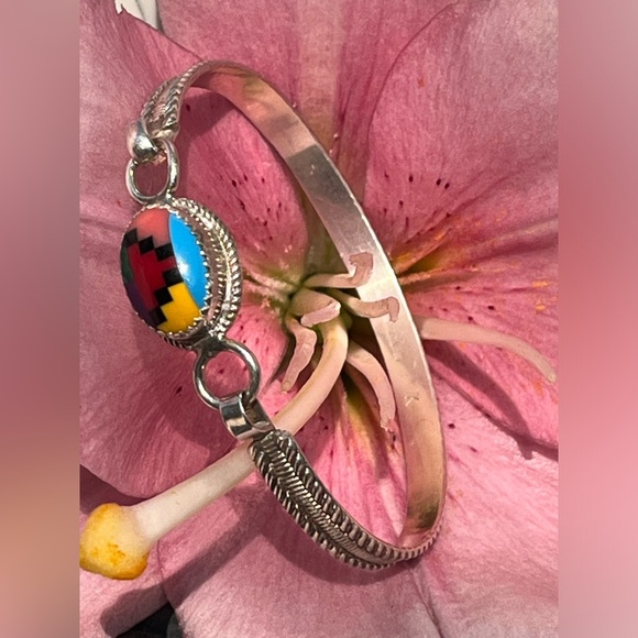 SOLD ZUNI Native American sterling silver bracelet with inlay accent - Picture 1 of 8